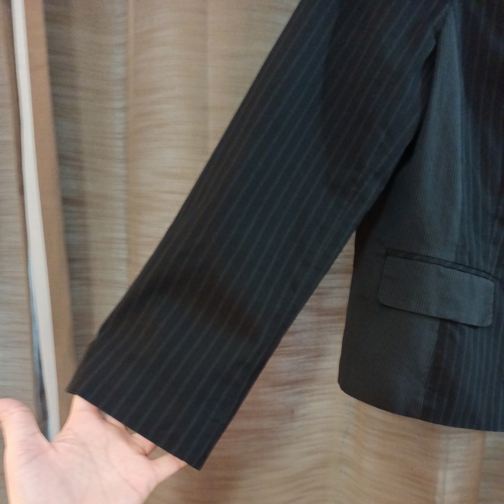 Vintage A Line Pin Striped One Button Black & Gray Blazer Suit Jacket Size 18 - Picture 4 of 8